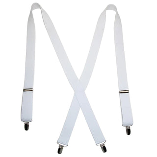 Suspenders - White Elastic with Clip Ends. White Elastic Adjustable X-Back Suspenders with Metal Clip Ends.  - Measures 1-inch wide x 42-inches maximum length