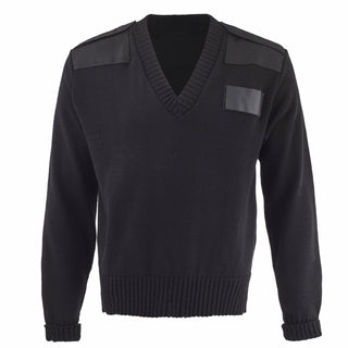 NAVY Unisex Men/Women Black V-Neck Acrylic Sweater. US NAVY Male Black Acrylic Knit V-Neck Sweater. Pullover sweater features V-neckline with rib trim, knitted ribbed cuffs & hem, poly/cotton fabric shoulder epaulets & elbow patches. Black acrylic knit body; Black cotton polyester fabric epaulets & elbow patches. Made in the USA. USN Certified.