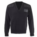 NAVY Men's Black V-Neck Acrylic Sweater. US NAVY Male Black Acrylic Knit V-Neck Sweater. Pullover sweater features V-neckline with rib trim, knitted ribbed cuffs & hem, poly/cotton fabric shoulder epaulets & elbow patches. Black acrylic knit body; Black cotton polyester fabric epaulets & elbow patches. Made in the USA. USN Certified.