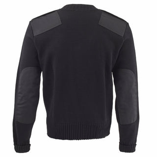 NAVY Men's Black V-Neck Acrylic Sweater. US NAVY Male Black Acrylic Knit V-Neck Sweater. Pullover sweater features V-neckline with rib trim, knitted ribbed cuffs & hem, poly/cotton fabric shoulder epaulets & elbow patches. Black acrylic knit body; Black cotton polyester fabric epaulets & elbow patches. Made in the USA. USN Certified.