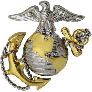U.S. Marine Corps Metal Cap Device for USMC Officers, Regulation Full Size. Unmounted without cap band.  - Measures approximately: 1 3/4" high x 1 3/4" wide - Gold and silver metal finish of EGA insignia. - Sold individually. - Genuine, official USMC uniform certified. - Made in the USA