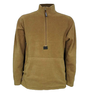 USMC Coyote Half-Zip Pullover Fleece Jacket. US Marine Corps Cold Weather Pullover in brown coyote Polartec fleece. Layer under camouflage utilities, use as a sleeping garment, or ECWCS layer. Long sleeve top with half-zipper closure, stand-up mock collar, and pouch pockets. Polar tec Fleece 100% Polyester. Made in U.S.A.
