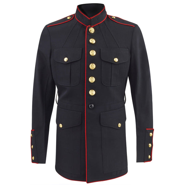 USMC Men's Dress Blue Coat. US Marine Corps Male Dress Blue Coat uniform jacket is a staple of the Marine Corps and is equal in composition to the civilian black tie, typically worn during ceremonies or formal events. Blue with red piping. 7-button front. Genuine, Official Military U.S. Marine Corps Uniform. Made in U.S.A.