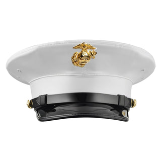 USMC Enlisted Dress Cap - White Vinyl Cover. US Marine Corps Enlisted Combination Dress Cap with White Cover and Gold Metal Enlisted Cap Device. Brand: Kingform Cap. Fully assembled Frame with White Vinyl Cover, USMC Enlisted EGA Cap Device, 5/8" Hi-Gloss Chinstrap & Black Poromeric Visor with Lustre-Brite Gold Buttons. Eagle, Globe & Anchor Cap Device measures approximately 1.5" x 1.5". Made in U.S.A.