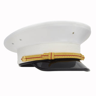 USMC Officer Company Grade Dress Cap No Device - White Cloth Cover. US Marine Corps Officer Company Grade Combination Dress Cap with White Cover. Worn by Officers 2nd Lieutenant O1 to Captain O3. Unisex for men & women. White Cover with Quatrefoil. Fully assembled Frame with Cover, Gold Chinstrap, Visor & Gold EGA Buttons. Made in U.S.A.