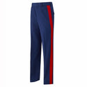 USMC Men's Dress Blue Trousers with Red Stripe - Enlisted. U.S. Marine Corps Male Dress Blue Pants with red blood stripe for NCO & SNCO. Poly-wool pants feature a zip fly, hook & slide closure, side slash pockets, two buttoned back flap pockets, and 1 1/8"wide wool scarlet red side stripe. Genuine, Official Military U.S. Marine Corps Uniform. Polyester/Wool Gabardine. Made in U.S.A.