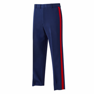 USMC Men's Officer Dress Blue Trousers with Red Stripe. U.S. Marine Corps Male Dress Blue Pants with red blood stripe for Officers (ranks 01-06). Wool pants feature a zip fly, hook & slide closure, side slash pockets, two buttoned back flap pockets, and 1 1/2" wide wool scarlet red side stripe. Genuine, Official Military U.S. Marine Corps Uniform. 100% Blue Wool. Made in U.S.A.