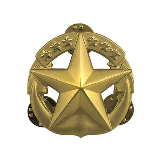 US NAVY Metal Badge: Command At Sea - Full Regulation Size. Gold Matte Finish. Design: The six stars on the Command at Sea insignia represent the first six ships of the United States Navy: USS United States, USS Constellation, USS Constitution, USS President, USS Congress, and USS Chesapeake. Measures approximately 1 5/8"wide x 1 9/16"high. Clutch back pin. Sold individually. Made in the USA.