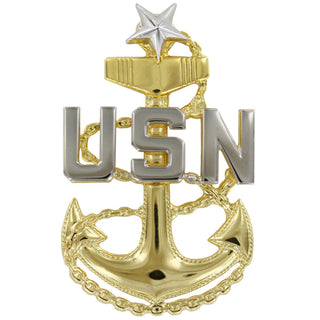 NAVY Cap Device Metal: E8 SCPO - Regulation. US NAVY Metal Cap Device for E-8 Senior Chief Petty Officer (SCPO) Regulation Size. Unmounted without cap band.  - Measures: 1 3/4" high x 1 1/8" wide - Sold individually - USN Certified - Made in the USA