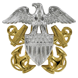 NAVY Cap Device Metal: Officer - Regulation. US NAVY Cap Device: Officer Silver Metal Regulation Size for Combination Dress Cap. Silver Metal Eagle on Stars & Stripe Shield over Gold Unfouled Anchors. Unmounted without cap band. Size: 2 1/2" x 2 3/8"   - Sold individually - USN Certified - Made in the USA