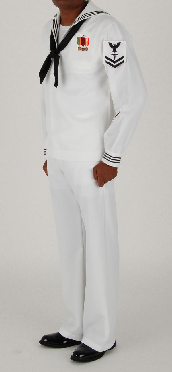 U.S. Navy Men's enlisted service dress white uniform shown with updated jumper top with piping, black neckerchief, white jumper trousers, black oxford dress shoes and dinner dress white miniature medals.