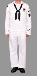 U.S. Navy Men's enlisted service dress white uniform shown with plain white jumper top (no piping), black neckerchief, white jumper trousers, black oxford dress shoes and dinner dress white miniature medals.