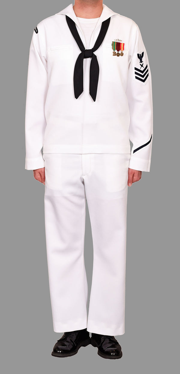 U.S. Navy Men's enlisted service dress white uniform shown with plain white jumper top (no piping), black neckerchief, white jumper trousers, black oxford dress shoes and dinner dress white miniature medals.