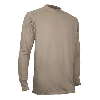 XGO Phase 1 Technical Mesh Long Sleeve Shirt - Men's Desert Sand. XGO Tactical Male Lightweight L/S Crew Tee NonFR. High-performance 100% Acclimate Dry Polyester Eyelet Mesh base layer. Lightweight, moisture-wicking, comfortable, relaxed fit for outdoor activities. Flat-seams, long length. Desert Tan Polyester. Ag47® Silver Anti-Microbial Protection. Made in U.S.A.