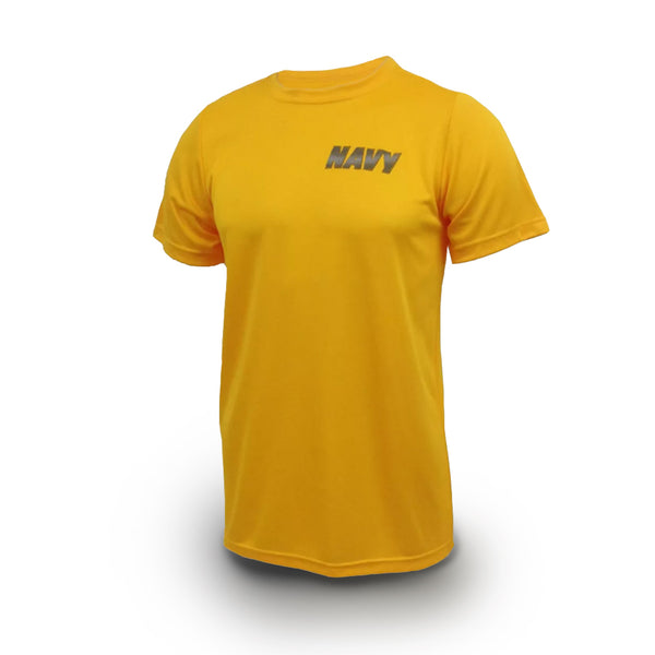 NAVY PTU Yellow Short Sleeve Tshirt made by New Balance. It's bold, it's gold and it's high performance (not guaranteed to make you run faster, is guaranteed to make you look cooler). Be the envy of morning formation in this New Balance shirt.  Standard crew neck tee design in high performance fabric with NAVY silver reflective logo on left chest and at back.  - Unisex sizing - Fabric: Yellow Gold 84% Meryl Nylon, 16% Lycra. Made in the USA.