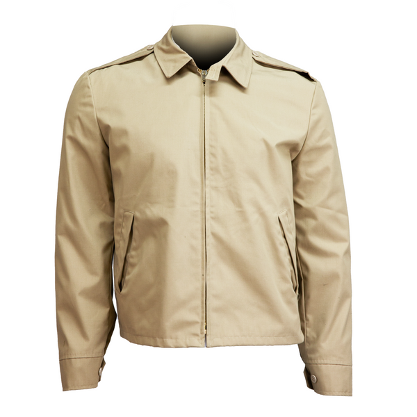Vintage US NAVY Male Chief & Officer Khaki Windbreaker. Retired-style lightweight coat is a basic outerwear jacket. This poplin relaxed fit jacket features a brass front zipper closure, slant pockets, interior chest pocket, and shoulder epaulets. Retired US Navy Military uniform, formerly worn by CPOs & Officers. Khaki Tan Polyester Cotton. Genuine Military-issue. Made in U.S.A.