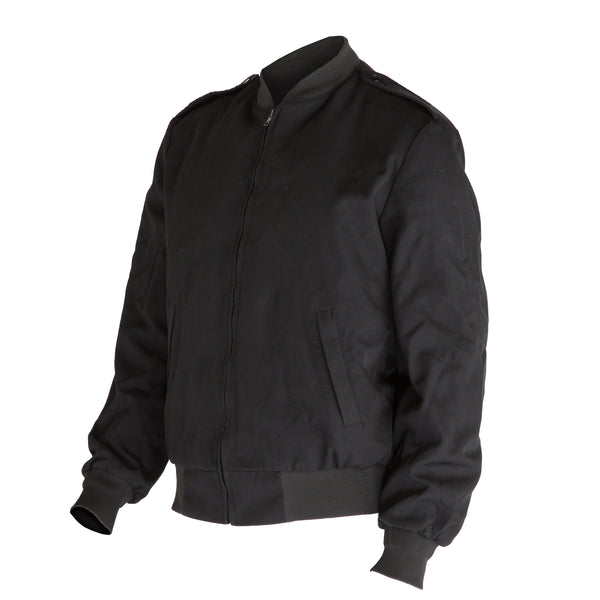 US Navy Female Black Poly/Wool Eisenhower Relaxed Fit Jacket. Features a front zipper closure, front slant pockets, interior chest pocket, and shoulder epaulets. Some jackets include a removable Thinsulate liner. Fabric: 55% Polyester/45% Wool; Poly ribbed knit collar, cuffs & waist. Made in U.S.A.