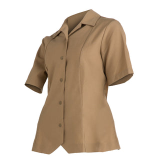 NAVY Women's NSU Service Khaki Overblouse. USN Female Navy Service Uniform (SU) Khaki Shirt Over Blouse. Features short sleeves with an open v-neck collar. This top is worn outside the slacks or skirt, hanging comfortably over the hips and chest. Tan Khaki 75/25 Polyester Wool Blend. Genuine, Official US Military Navy Uniform. Made in U.S.A.