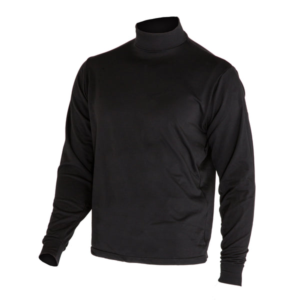 USN Black Mock Turtleneck Jersey. This base layer is an optional item worn under the Navy Working Uniform Coveralls, NWU Blouse or Enlisted Service Dress Blue Jumper Top. This long-sleeve pullover shirt keeps in warmth in a moisture-wicking, quick dry fabric made of antimicrobial fibers, that helps reduce odor. Unisex gender-neutral sizing. Fabric: Black 66% Nylon, 19% Polyester, 15% Spandex blend. Made in U.S.A.