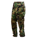 Men's BDU Woodland Camo Trousers. U.S. Military Male Battle Dress Uniform Trousers in Woodland Camo. Official, Military issue Combat pattern camouflage hot weather pants. Features 6 pockets: 2 front, 2 back and 2 side cargo. Pattern: original US m81 Woodland camouflage in green, brown, black. Nylon/Cotton Ripstop. Made in the U.S.A.
