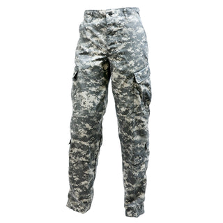 ARMY ACU UCP Trousers. Army Combat Uniform (ACU) Digital Universal Camouflage Pattern (UCP) Pants. The Universal Camouflage Pattern was formerly used by the United States Army in their Army Combat Uniform (ACU) from 2005-2019. Features Button-Fly, 2 Side Front Pockets, 2 Button-Flap Back Pockets, 2 Calf Storage Pockets, 2 Cargo Pocket, Drawstring Cuffs, Knee pouches for optional Knee Pad Supports. 50/50 Nylone Cotton Ripstop. Genuine Military-issue uniform. Made in the U.S.A.