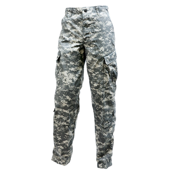 ARMY ACU UCP Trousers. Army Combat Uniform (ACU) Digital Universal Camouflage Pattern (UCP) Pants. The Universal Camouflage Pattern was formerly used by the United States Army in their Army Combat Uniform (ACU) from 2005-2019. Features Button-Fly, 2 Side Front Pockets, 2 Button-Flap Back Pockets, 2 Calf Storage Pockets, 2 Cargo Pocket, Drawstring Cuffs, Knee pouches for optional Knee Pad Supports. 50/50 Nylone Cotton Ripstop. Genuine Military-issue uniform. Made in the U.S.A.