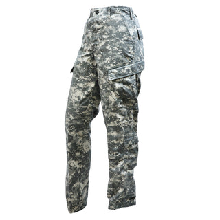 ARMY ACU UCP Trousers. Army Combat Uniform (ACU) Digital Universal Camouflage Pattern (UCP) Pants. The Universal Camouflage Pattern was formerly used by the United States Army in their Army Combat Uniform (ACU) from 2005-2019. Features Button-Fly, 2 Side Front Pockets, 2 Button-Flap Back Pockets, 2 Calf Storage Pockets, 2 Cargo Pocket, Drawstring Cuffs, Knee pouches for optional Knee Pad Supports. 50/50 Nylone Cotton Ripstop. Genuine Military-issue uniform. Made in the U.S.A.