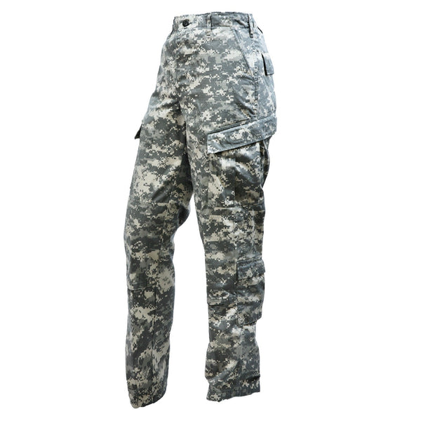 ARMY ACU UCP Trousers. Army Combat Uniform (ACU) Digital Universal Camouflage Pattern (UCP) Pants. The Universal Camouflage Pattern was formerly used by the United States Army in their Army Combat Uniform (ACU) from 2005-2019. Features Button-Fly, 2 Side Front Pockets, 2 Button-Flap Back Pockets, 2 Calf Storage Pockets, 2 Cargo Pocket, Drawstring Cuffs, Knee pouches for optional Knee Pad Supports. 50/50 Nylone Cotton Ripstop. Genuine Military-issue uniform. Made in the U.S.A.