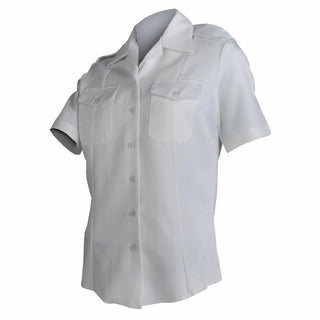 NAVY Women's Summer White CNT Shirt. US NAVY Female Officer/CPO Summer White CNT Short Sleeve Shirt for warm weather wear. Military blouse features short sleeves, two breast pockets with button flaps, open collar v-neck collar. Female Officers use shoulder epaulets for mounting hard shoulder boards. White Certified Navy Twill / 100% Polyester. Official USN Military issue. Made in the U.S.A.