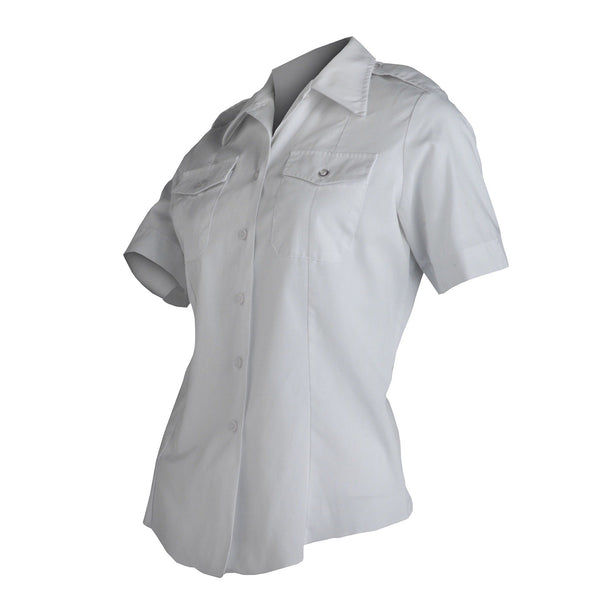 NAVY Women's Tropical White Poplin Shirt with Epaulets. US Navy Female Tropical Summer White Short Sleeve Shirt in lightweight poplin fabric for warm weather wear. Military blouse features slightly slim fit with short sleeves, button down front, double flap pockets, open v-neck collar, and shoulder epaulets. White 65% Polyester, 35% Cotton Poplin. Official USN Military issue. Made in the U.S.A.