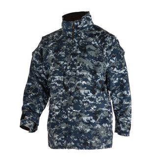 US NAVY NWU Type I Parka Jacket in Blue Digital Camouflage. The blue camo pattern is popularly known as "Blueberries." Waterproof, outerwear coat features 2-way front zip front closure with protective rain flap, rolled hood stored within the zippered stand-up collar, rank tab, 2 front cargo & upper hand-warmer pockets, inner chest pocket, adjustable drawstring hem and hook & loop sealable cuffs. 100% Nylon Shell and Liner, PTFE Laminate. Genuine, Official Military Uniform; USN-Certified. Made in U.S.A.