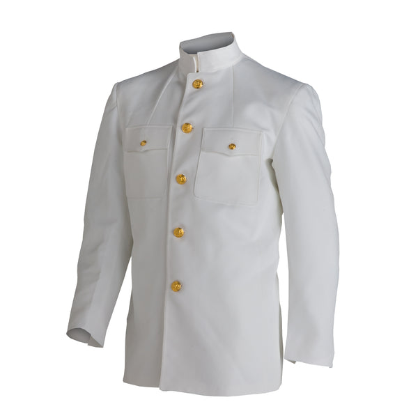US NAVY Men's Service Dress White "Choker" Jacket. NAVY Male Service Dress CNT Service Dress White (SDW) Jacket with gold buttons for Naval Officers & CPOs. White Certified Navy Twill (100% Polyester) with gold metal buttons with Eagle motif insignia. USN-Certified Uniform. Made in U.S.A.