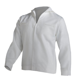 NAVY Men's Enlisted Dress White Jumper Top. USN Male Service Dress White Jumper Retired style. Part of the "Crackerjack" uniform, this pullover shirt features an open neck with square sailor collar, two welt-style front chest pockets, and plain sleeve cuffs. Jumper is plain white with no side zipper, button cuffs, or blue piping details. White 100% Polyester CNT (Certified Navy Twill). Genuine, Official USN Military-Issue Uniform. Made in the U.S.A.