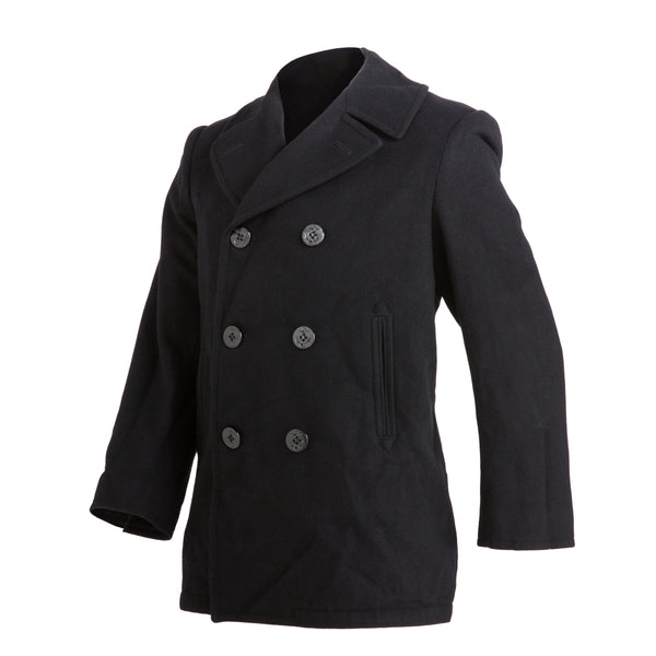 US NAVY Male Enlisted Pea Coat is a classic military issue outerwear coat for Fall and Winter months. This hip length Peacoat jacket is made of a dark blue-black melton wool with convertible collar, 1 interior chest pocket, 2 front slash pockets, and a double-breasted closure made of six 35-line black plastic buttons with fouled anchor motif. Fabric: 100% Wool Outer Shell; Polyester lining. Color: Blue-Black (U.S. Navy color Blue #3346). Made in the USA.