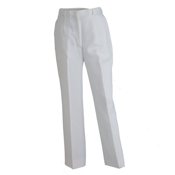 NAVY Men's Summer White CNT Trousers - Athletic Fit. US NAVY Men's Officer/CPO White CNT Pant Trousers in Athletic Fit. Features fore and aft creases, belt loops, zippered fly front closure, and two side and back pockets. White Polyester, Certified Navy Twill (CNT). Genuine, Official Military Navy Service Uniform. Made in U.S.A.