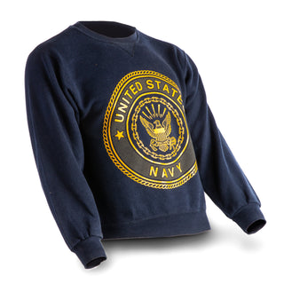 USN PT Crewneck Sweat Shirt with yellow U.S. Navy seal emblem with eagle, anchor, rope and chain. This retired style is a vintage military collectible in the making. Throw this sweater over your gold PTU and be ready to hit the road --or if you are a civie, throw it on to show some Navy Pride.  - Unisex sizing - Fabric: 50/50 Polyester Cotton - Made in U.S.A.