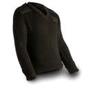 US NAVY Female Black Wool Knit V-Neck Sweater. Black V-neck style pullover sweater in knit wool with fabric epaulets, shoulder and elbow patches. Black(U.S. Navy Blue 3346), 100% Wool Knit, Polyester/Cotton Patches. USN Certified; Genuine Military-issue uniform. Made in the U.S.A.