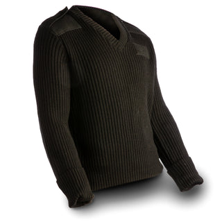 US NAVY Female Black Wool Knit V-Neck Sweater. Black V-neck style pullover sweater in knit wool with fabric epaulets, shoulder and elbow patches. Black(U.S. Navy Blue 3346), 100% Wool Knit, Polyester/Cotton Patches. USN Certified; Genuine Military-issue uniform. Made in the U.S.A.