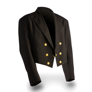 US NAVY Men's Dinner Dress Blue (DDB) Jacket. USN wear for male Officer & CPO Formal Dinner Dress uniform. This mess jacket is made of authorized Navy fabric with semi-peaked narrow lapels, back tapered to a point, and three 35‑ligne gold navy eagle buttons down each side of the front.