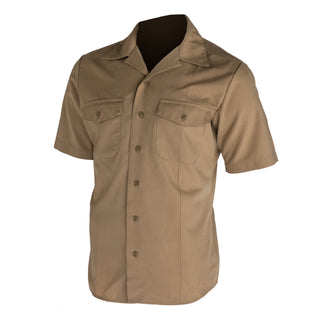 US NAVY Men's Khaki Poly Wool Shirt for Naval Officers & CPOs. US NAVY Male Service Uniform Shirt worn by USN Chiefs & Officers with Khaki Poly Wool Service Trousers. Features short sleeves, two chest pockets with button flaps, and open v-neck collar. Tan Khaki 75/25 Polyester Wool. Genuine, Official US Military Navy Uniform. Made in U.S.A.