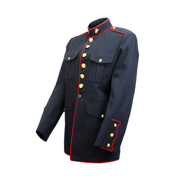 USMC Men's Dress Blue Coat. US Marine Corps Male Dress Blue Coat uniform jacket is a staple of the Marine Corps and is equal in composition to the civilian black tie, typically worn during ceremonies or formal events. Blue with red piping. 7-button front. Genuine, Official Military U.S. Marine Corps Uniform. Made in U.S.A.