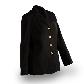 AS-IS Condition USN Female Service Dress Blue (SDB) Coat Jacket with Gold Buttons. Service Dress or ceremonial uniform for female (CO/CPO) Officers & Chief Petty Officers.   - Color & Fabric: Black Polyester-Wool Blend with Gold Buttons - Care: Dry clean only - Made in U.S.A. - NOTE: May be sold with/without rank stripes on the sleeves. You can take it to your local alterations shop and they will know how to remove them or ask any mom over 50. - Condition: AS-IS pre-owned/used.