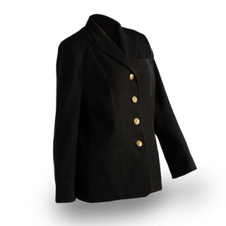 USN Female Service Dress Blue (SDB) Coat Jacket with Gold Buttons. Service Dress or ceremonial uniform for female (CO/CPO) Officers & Chief Petty Officers.   - Color & Fabric: Black Polyester-Wool Blend with Gold Buttons - Care: Dry clean only - Made in U.S.A. - Condition: Good pre-owned/gently used, unless marked as NEW.