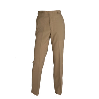 NAVY Men's Khaki Poly Wool Trouser Athletic Fit. US NAVY Male Khaki Polyester Wool Trousers in Athletic Fit. These slacks are part of the Summer/Winter Service Khaki uniform worn by Naval Officers/CPOs. Flat front style pants made with fore & aft creases, belt loops, side and back pockets and front zipper. Tan Khaki 75% Polyester, 25% Wool. Official Military Issue Uniform; USN-Certified. Made in U.S.A.