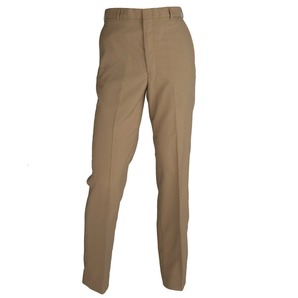 NAVY Men's Khaki Poly Wool Trouser Classic Fit. US NAVY Male Khaki Polyester Wool Trousers in Classic Fit. These slacks are part of the Summer/Winter Service Khaki uniform worn by Naval Officers/CPOs. Flat front style pants made with fore & aft creases, belt loops, side and back pockets and front zipper. Tan Khaki 75% Polyester, 25% Wool. Official Military Issue Uniform; USN-Certified. Made in U.S.A.