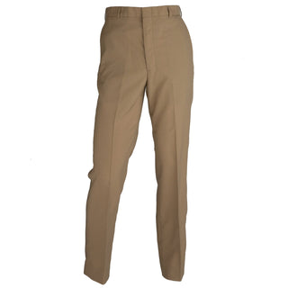 NAVY Men's Khaki Poly Wool Trouser - Classic Fit. US NAVY Male Khaki Polyester Wool Trousers in Classic Fit. These slacks are part of the Summer/Winter Service Khaki uniform worn by Naval Officers/CPOs. Flat front style pants made with fore & aft creases, belt loops, side and back pockets and front zipper. Tan Khaki 75% Polyester, 25% Wool. Official Military Issue Uniform; USN-Certified. Made in U.S.A.