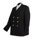 US NAVY Men's Brooks Bros Service Dress Blue (SDB) Jacket. USN wear for male Officer & CPO uniforms. The double-breasted coat is 100% wool fabric with three outside pockets, one on each hip and one on left breast, and three 35-line Navy Eagle gilt buttons down each forefront.