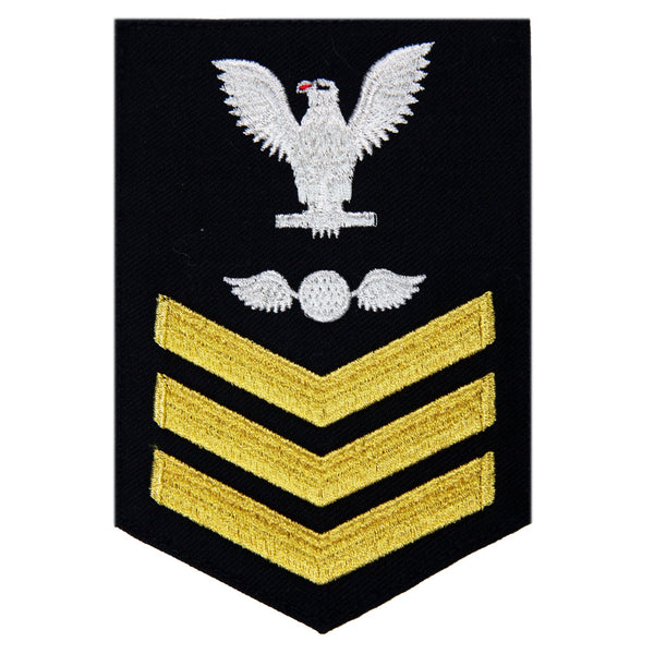USN Male Rating Badge: E6 Aviation Electricians Mate (AE) - Standard Seaworthy Gold on Blue for Enlisted Service Dress & Dinner Dress Blue uniform. Gold chevrons indicate 12 years of consecutive good conduct.