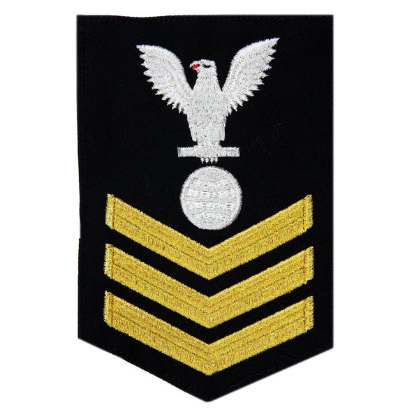 USN Male Rating Badge: E6 Electrician's Mate (EM) - Standard Seaworthy Gold on Blue for Enlisted Service Dress & Dinner Dress Blue uniform. Gold chevrons indicate 12 years of consecutive good conduct.