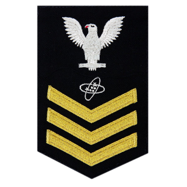 USN Male Rating Badge: E6 Electronics Technician (ET) - Standard Seaworthy Gold on Blue for Enlisted Service Dress & Dinner Dress Blue uniform. Gold chevrons indicate 12 years of consecutive good conduct.